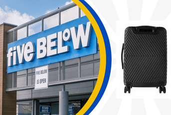 Collage of Five Below storefront and a black carry on suitcase product