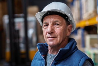 Mature warehouse worker with helmet