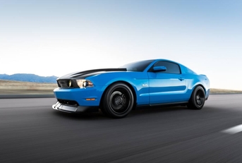 Blue Ford Mustang with a black hood 