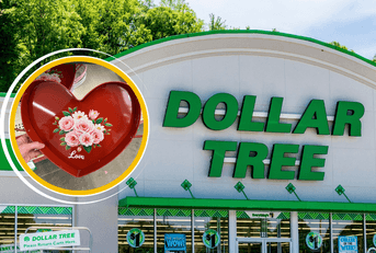 Collage of Dollar Tree storefront and heart tray product
