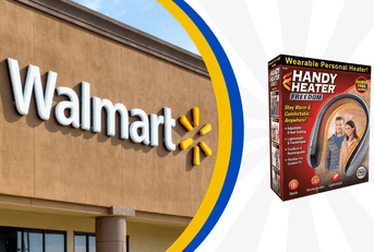 Collage of Walmart storefront and a handy heater product