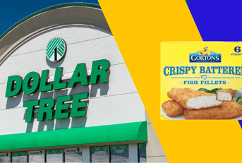 Collage of Dollar Tree storefront and a Gorton's fish box product