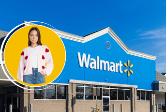 Collage of Walmart storefront and a model wearing pink cardigan with hearts