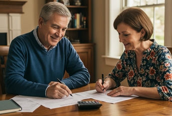 retired couple reviewing financial documents