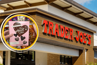 Collage of Trader Joe's storefront and box of heart cookies 