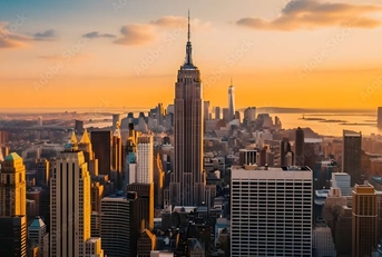 sunset aerial view of empire state building spire