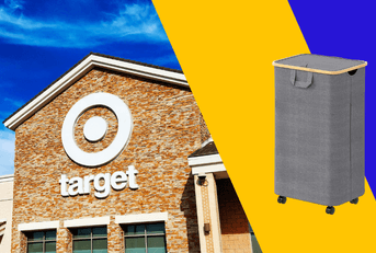 Collage of Target storefront and a laundry hamper product