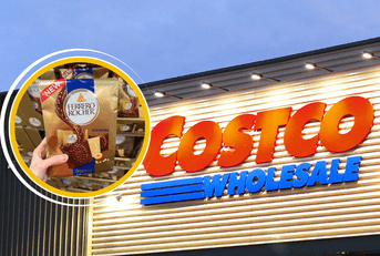 Collage of Costco storefront and a bag of chocolate product