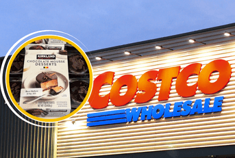 Collage of Costco's storefront and a dessert product