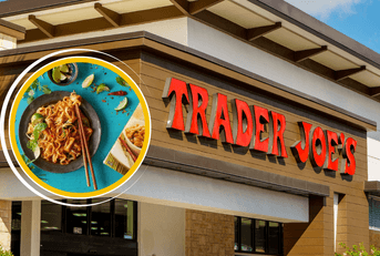 Trader Joe's storefront and noodle dish collage