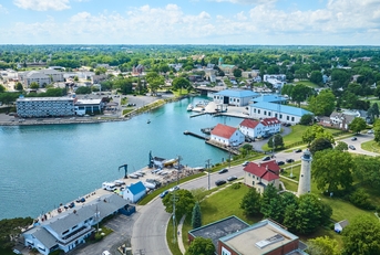 Aerial Fly Through of Kenosha Marina and Lighthouse