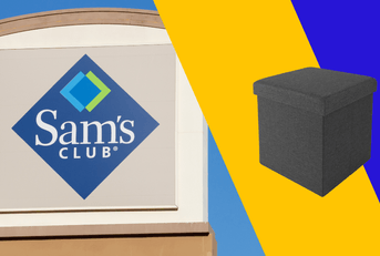 Collage of Sam's Club storefront logo and a storage ottoman product