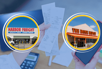 Collage of Harbor Freight and Home Depot store front with background of checking receipts