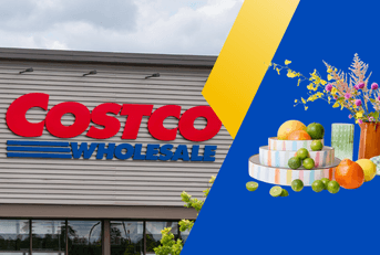 Collage of Costco storefront and a set of pastel color plates with flowers and fruits