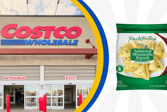 Collage of Costco storefront and a ravioli product