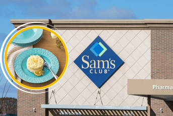 Collage of Sam's Club storefront and a blue plate product with dessert in it