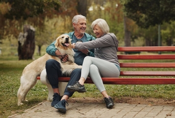 Older couple on a park bench with their dog