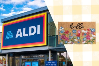 Aldi storefront with spring doormat