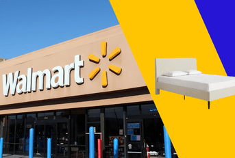Collage of Walmart storefront and a bed frame and mattress product