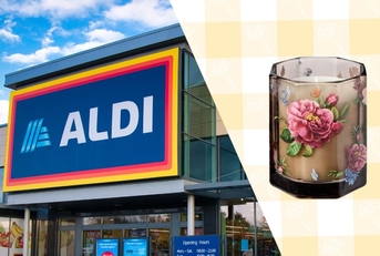 Aldi storefront and floral glass scented candle