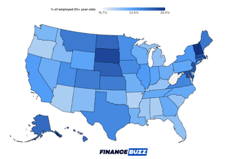 map showing states by percentage of persons aged 65+ working in retirement
