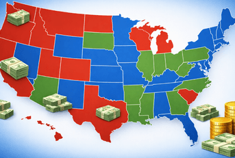 map of the united states with stacks of money on states with high and low millionaire tax burdens