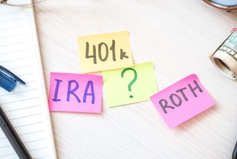 IRA, 401(k), Roth written on colorful sticky notes