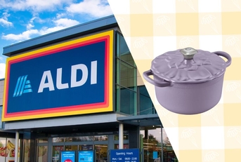 Aldi storefront with purple Dutch oven
