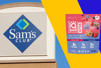 Collage of Sam's Club logo and a IQBar Bites bag