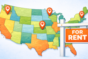 us map with location points and rent sign