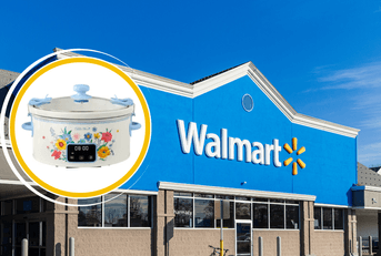 Collage of Walmart store front and floral crockpot product