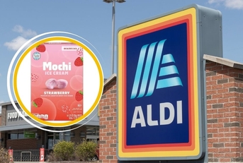 Aldi store sign with mochi collage