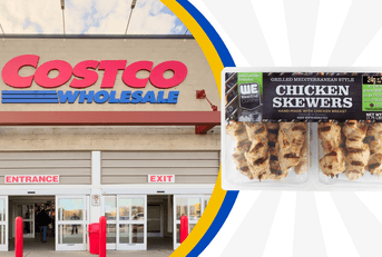 Collage of Costco store and chicken skewer product