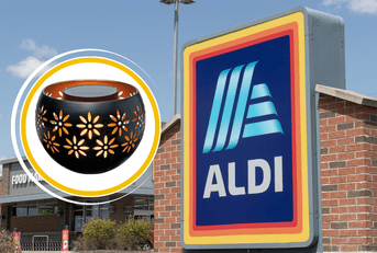 Collage of Aldi storefront and a candle product