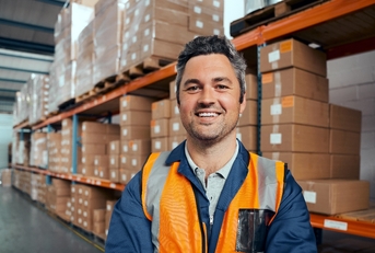 Man in his 40s smiling at camera working in a warehouse