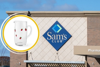 Sam's Club store exterior with strawberry glass pitcher