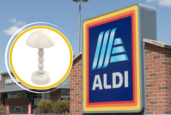 Collage of Aldi storefront and a white cordless lamp