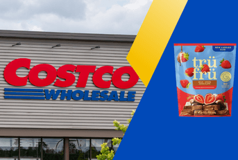 Collage of Costco frontstore and a tru fru strawberry snack pack