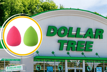 Dollar Tree storefront collage with a makeup sponge duo product