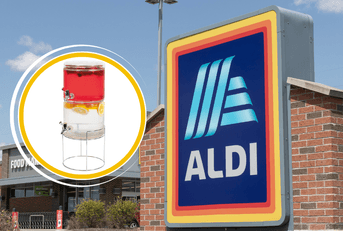 Aldi collage of storefront and a beverage dispenser product