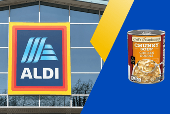 Collage of ALDI storefront and chicken noodle soup