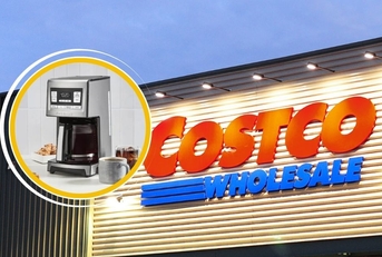 Costco store sign with coffee maker