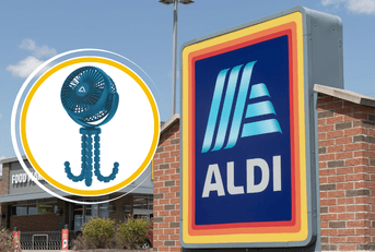 Collage of Aldi's storefront and a portable fan product