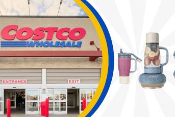 Collage of Costco storefront and a blender product from Ninja