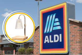 Collage of Aldi's storefront and a candle warmer lamp product