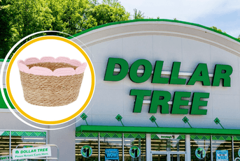 Collage of Dollar Tree storefront and a scalloped rush basket product