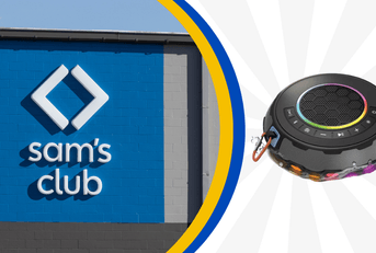 Collage of Sam's Club store logo and a waterproof speaker product