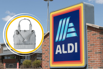 Collage of Aldi's storefront and a weekender bag product