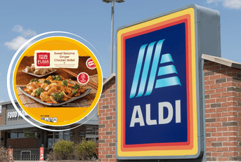 Collage of Aldi storefront and an Asian food product