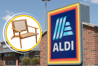 Collage of Aldi's storefront and a patio wood chair product